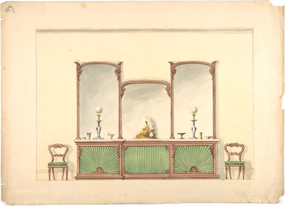 Design for a Mirrored Three Sectioned Marble-topped Cabinet and Two Chairs MET DP807304