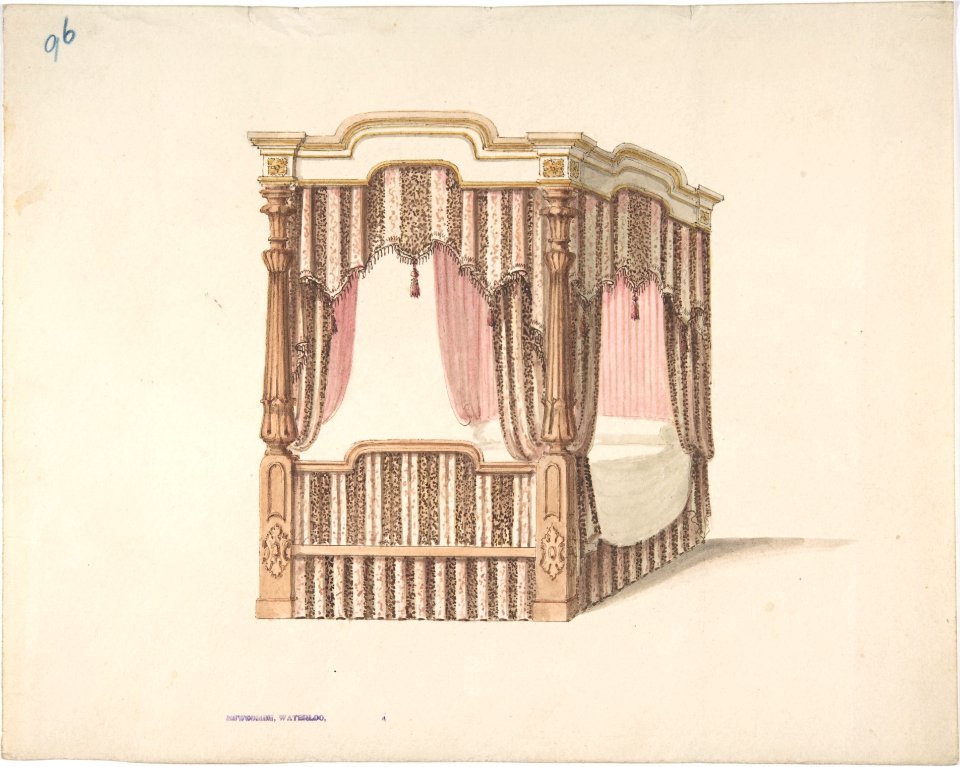Design for a Four-poster Bed with Pink, Brown and White Draperies MET DP807132