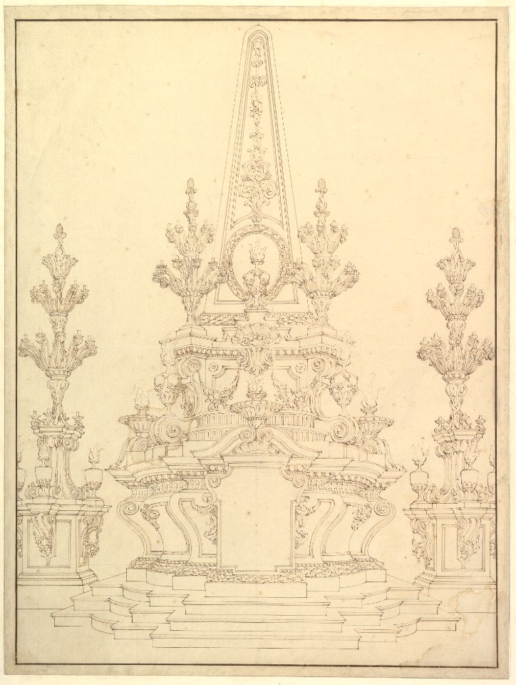 Elevation of a Catafalque- Two Pedestals with Candelabra at Sides; with Central Obelisk Surrounded by Candelabra.Verso- Sketch of architecture- archway and corner with pillars. MET DP820181