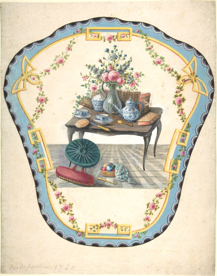 Design for a Firescreen with a Table with a Vase of Flowers, Books, and Teapot MET DP805591