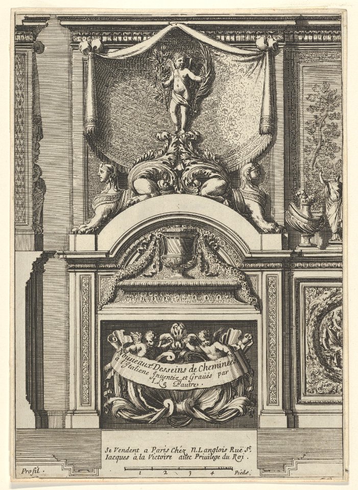 Design for a Fireplace Surmounted by Sphyxes and Cupid, Title Page from- Nouveaux dessins de cheminées à l'italienne MET DP834294