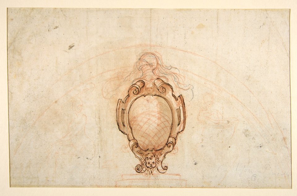 Design for a Lunette Decoration- Coat of Arms Flanked by Seated Allegorical Figures (recto and verso) MET DP811482