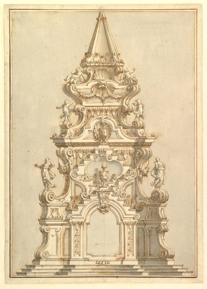 Elevation for a Catafalque Surmounted by Squat Obelisk, Decorated with Statues of Putti and Female Figures MET DP820175