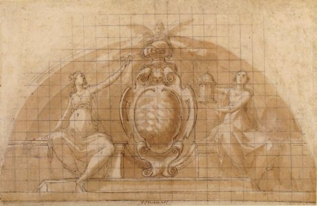 Design for a Lunette Decoration- Coat of Arms Flanked by Seated Allegorical Figures (recto and verso) MET 1975.131.20 RECTO