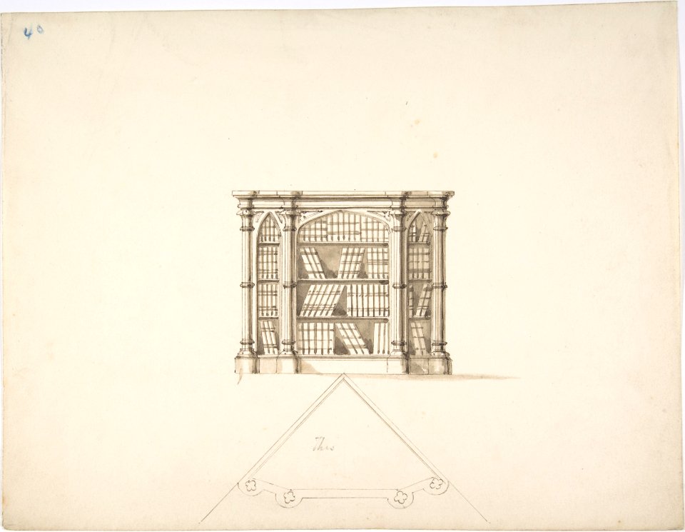 Design for a Gothic Style Corner Book Cabinet- Elevation and Plan MET DP807314