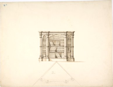 Design for a Gothic Style Corner Book Cabinet- Elevation and Plan MET DP807314