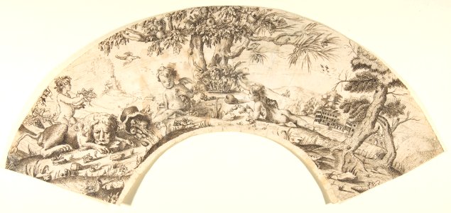 Design for a Fan- Scene of Cupids, and a Sleeping Lion in a Landscape MET DP803760