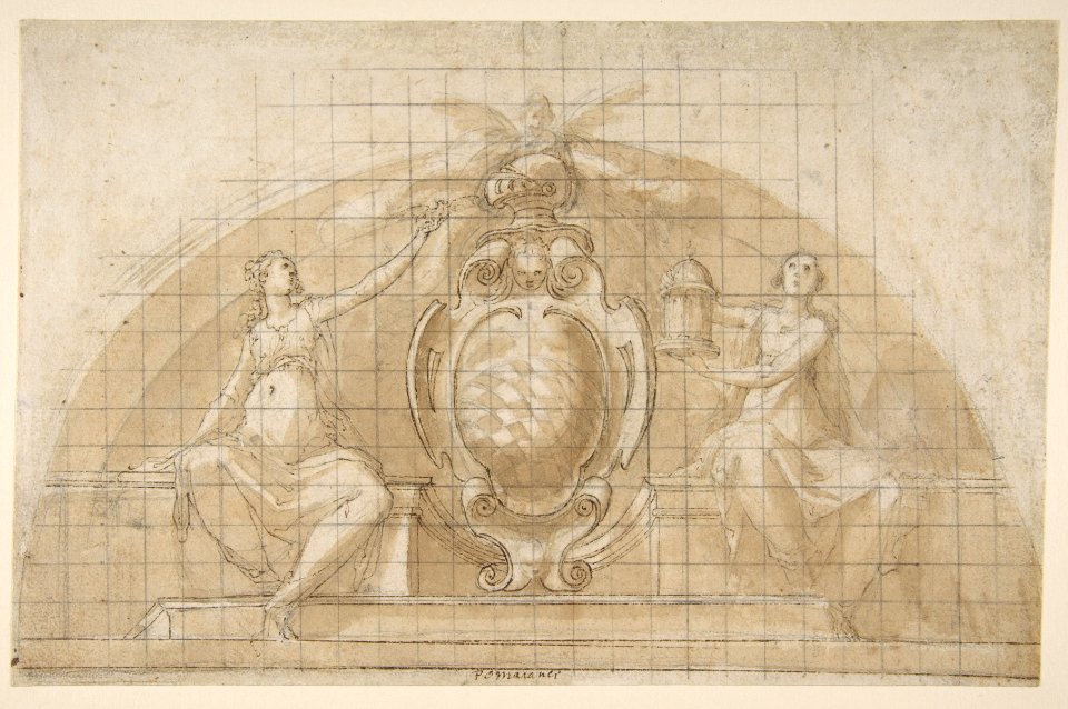Design for a Lunette Decoration- Coat of Arms Flanked by Seated Allegorical Figures (recto and verso) MET DP811481
