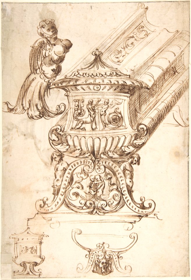 Design for a Liturgical Object with Statues of a Kneeling Saint and the Risen Christ (recto); Design for a Sepulcher (?) and Drawing of a Putto (verso). MET DP800581