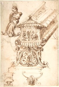 Design for a Liturgical Object with Statues of a Kneeling Saint and the Risen Christ (recto); Design for a Sepulcher (?) and Drawing of a Putto (verso). MET DP800581