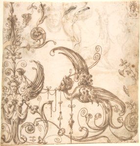 Design for a Grotesque Decoration; Grotesques with a Lion, Fantastical Creature, Mask, and Bird (verso) MET DP800587