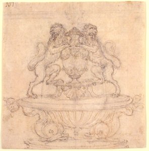 Design for a Fountain with Two Water-Spouting Lions (recto); Sketch for Triumph of Galatea -?- (verso). MET 52.570.262 RECTO