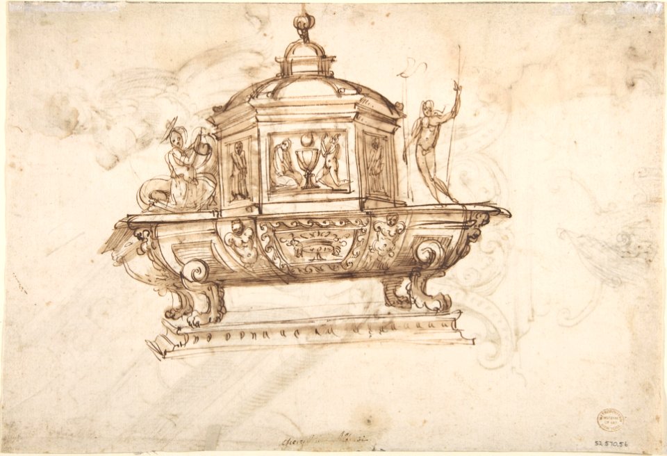 Design for a Liturgical Object with Statues of a Kneeling Saint and the Risen Christ (recto); Design for a Sepulcher (?) and Drawing of a Putto (verso). MET DP800582