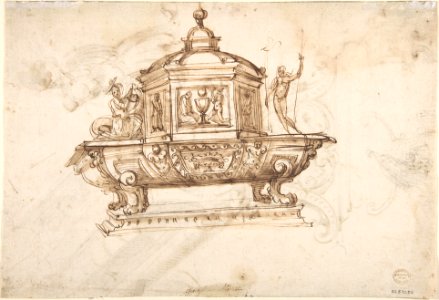 Design for a Liturgical Object with Statues of a Kneeling Saint and the Risen Christ (recto); Design for a Sepulcher (?) and Drawing of a Putto (verso). MET DP800582
