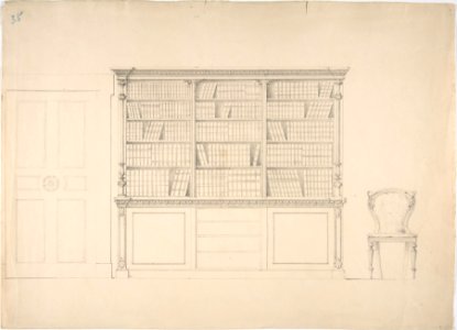 Design for a Large Bookcabinet, with a Door at Left and a Chair at Right MET DP807320