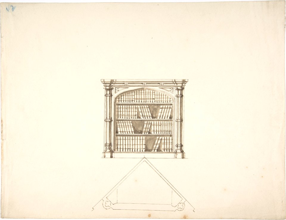 Design for a Gothic Style Corner Book Cabinet- Elevation and Plan MET DP807313