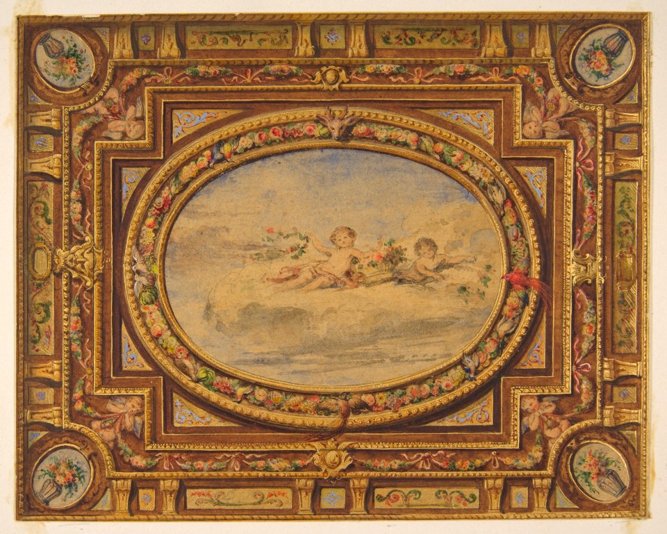 Design for a painted ceiling with putti on clouds in a central oval MET DP811573