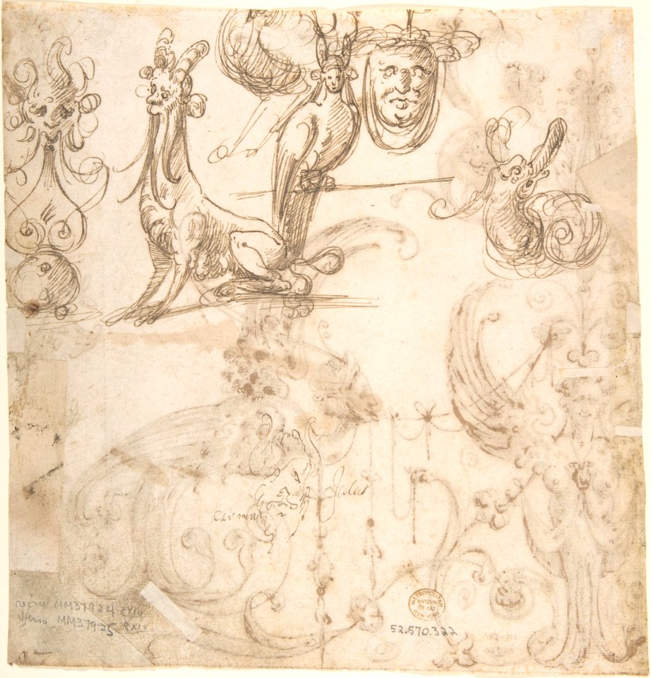 Design for a Grotesque Decoration; Grotesques with a Lion, Fantastical Creature, Mask, and Bird (verso) MET DP800588