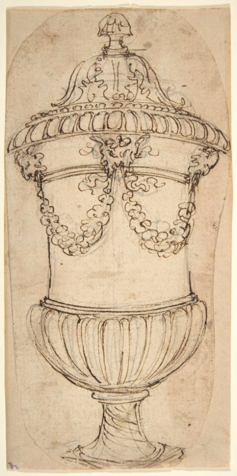 Design for a Lidded Gadrooned Vase with Satyr Heads Holding Garlands MET DP809569