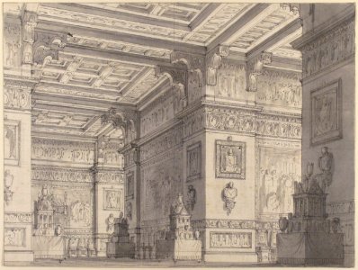 Design for a Stage Set?-Interior of a Stateroom with Four Tables Displaying Urns and Tabernacles. MET 53.521.5