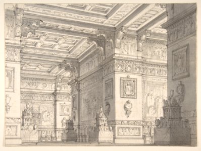 Design for a Stage Set?-Interior of a Stateroom with Four Tables Displaying Urns and Tabernacles. MET DP811527