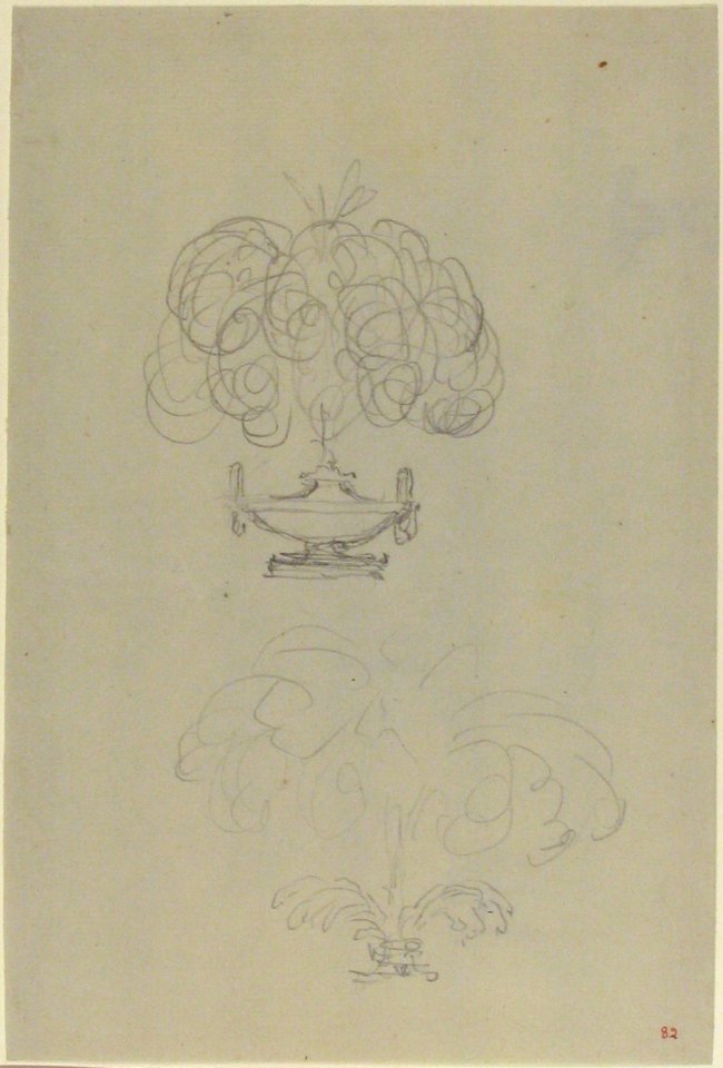 Design for a Plumed Oil Lamp (recto); Sketches for a vase and oil lamp (verso) MET 61.680.6.4