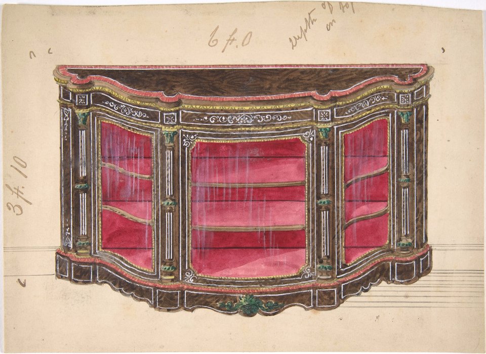 Design for a Glass Fronted Cabinet with Red Interior MET DP806631