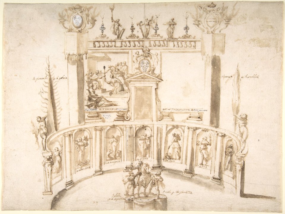 Design for a Garden Fête with a Semi-circular Wall and Statues in Niches. MET DP807654