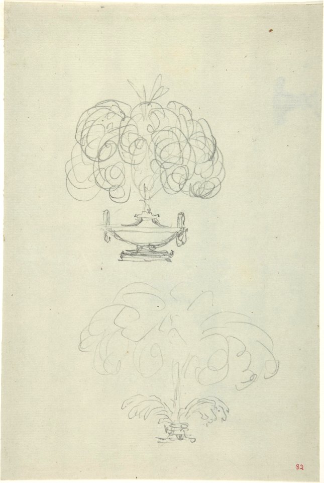 Design for a Plumed Oil Lamp (recto); Sketches for a vase and oil lamp (verso) MET DP808943