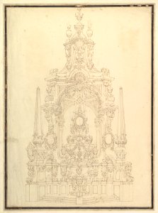 Elevation of a Catafalque- Obelisks at the Corners and One in Center MET DP820182
