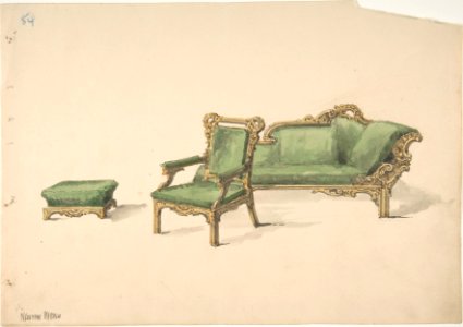 Design for a Gilded Settee, Arm Chair and Footstool with Green Upholstery MET DP807045