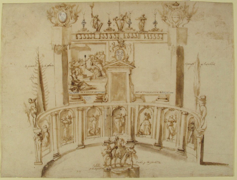 Design for a Garden Fête with a Semi-circular Wall and Statues in Niches. MET 68.582