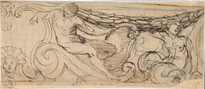Design for a Frieze- A Nude Man, Sea Creature, a Garland and Volutes, Small head of Unicorn MET DP802553