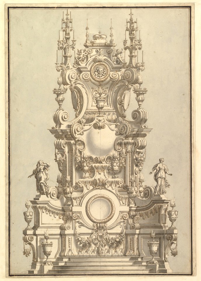 Elevation of a Catafalque, Surmounted by a Royal Crown, with Scull and Cross Bones in Wreath-Encircled Cartouche just below MET DP820116