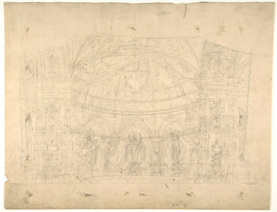 Design for a Stage Set at the Opéra, Paris- Domed Interior (recto); Sketches for Dome and Doors (verso) MET DP810187