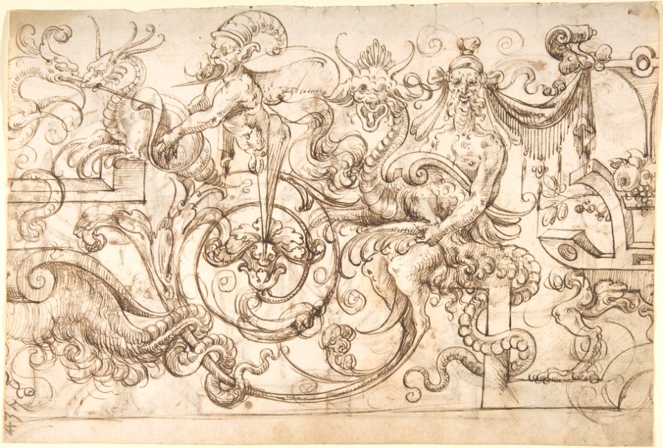 Design for a Frieze with Grotesques in the Flemish Style (recto); Winged Term and Other Terms with Grotesque Birds (verso) MET DP800318
