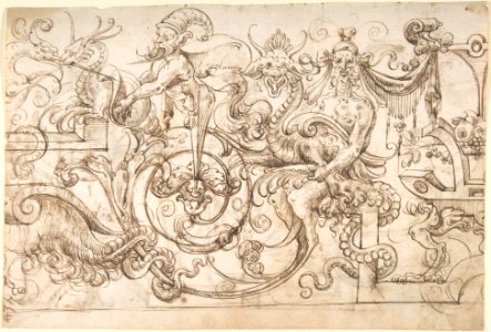 Design for a Frieze with Grotesques in the Flemish Style (recto); Winged Term and Other Terms with Grotesque Birds (verso) MET DP800318