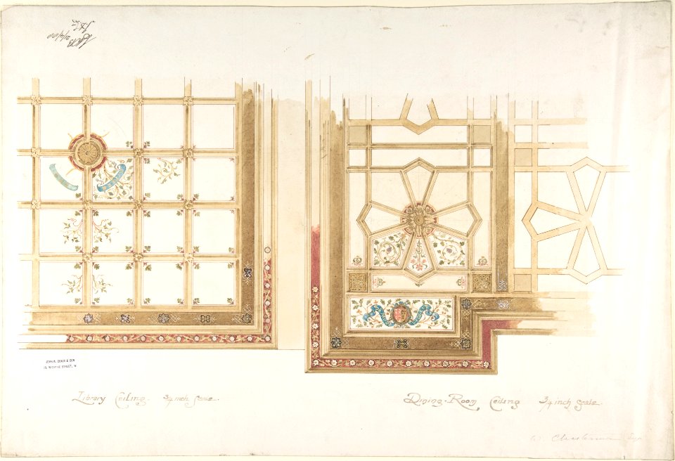 Design for Library or Dining Room Ceiling, Coffered and Painted Rust and Olive Green MET DP805632