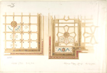 Design for Library or Dining Room Ceiling, Coffered and Painted Rust and Olive Green MET DP805632