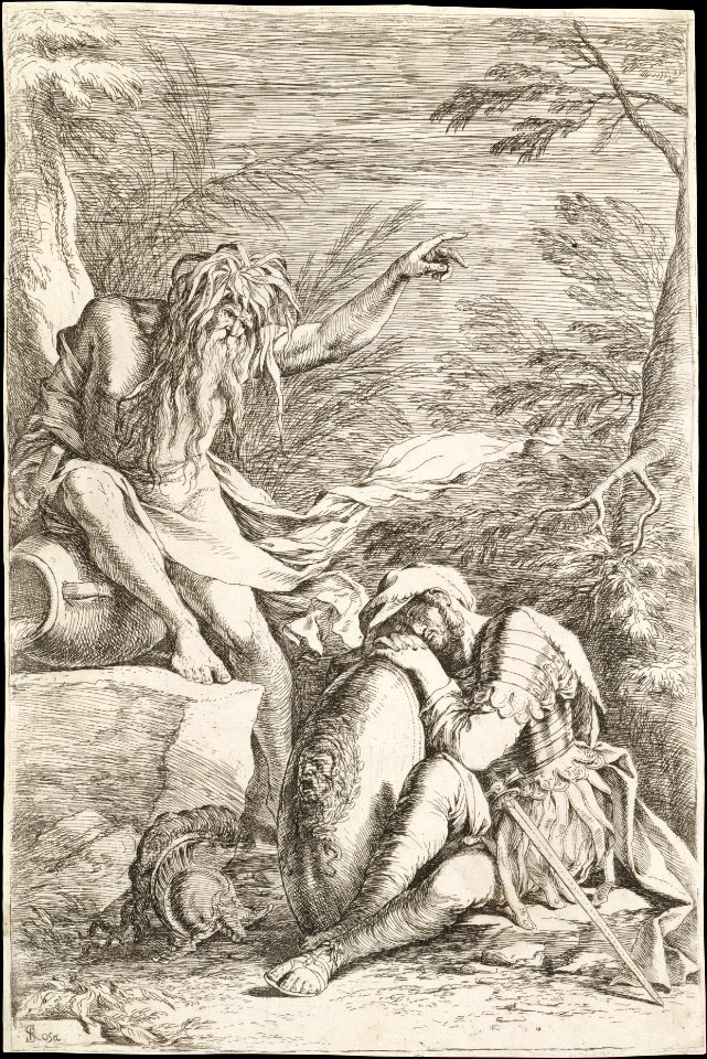 Dream of Aeneas- Aeneas rests his head on his hands atop his shield, while the river god Tiber leans on a vessel and points upward with his left hand MET DT228195