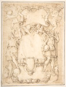 Drawing of Cartouche with Bearded Man Left, Young man crowned with Laurels Right, and Four Putti MET DP809776