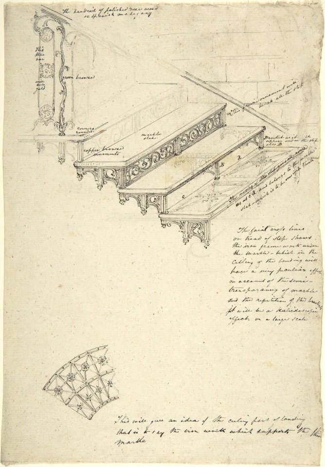 Drawing for an iron stairway with marble treads MET DP806255