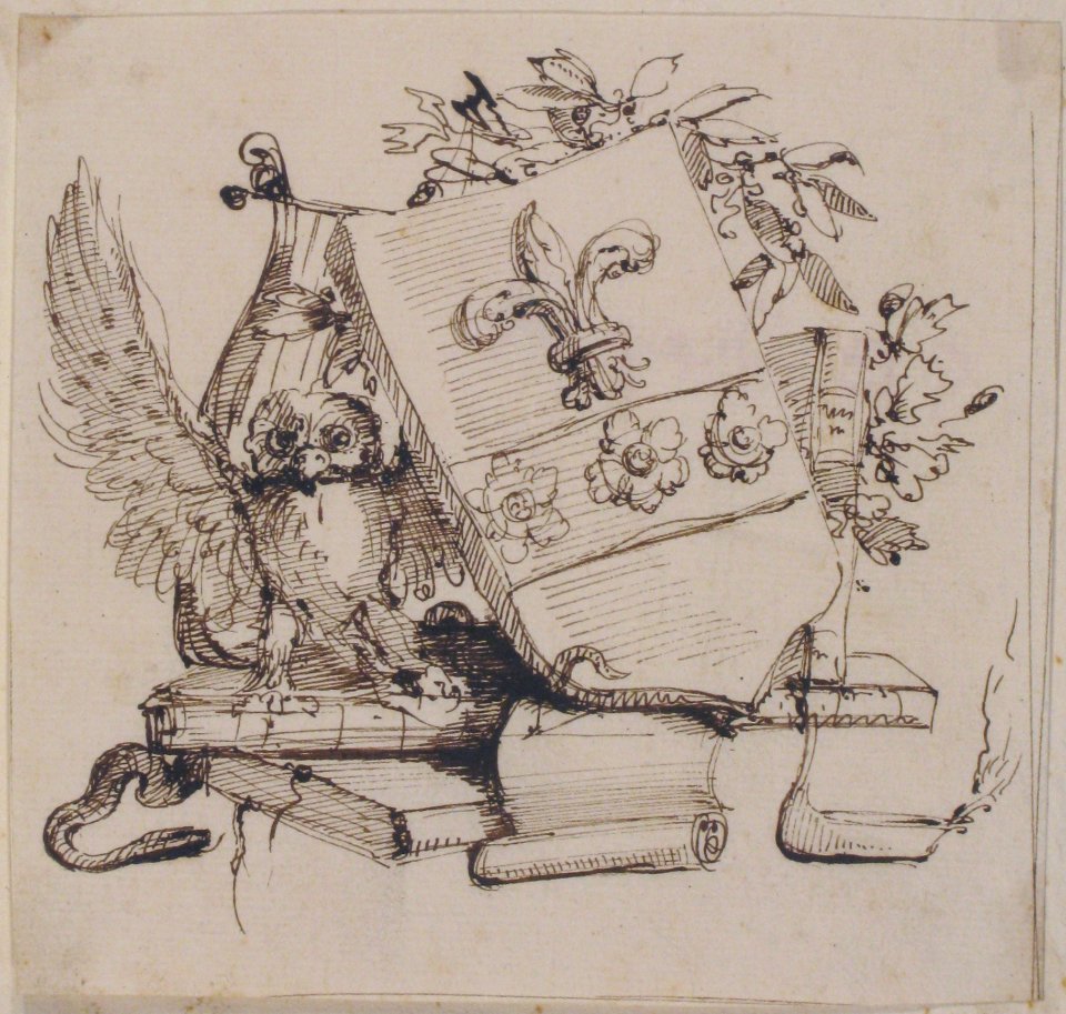 Drawing of a Decorated Coat of Arms surrounded by Books, Owl, Leaves, Vase and a Snake MET 50.605.18