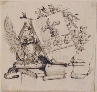 Drawing of a Decorated Coat of Arms surrounded by Books, Owl, Leaves, Vase and a Snake MET 50.605.18