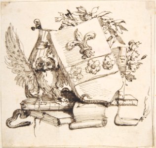 Drawing of a Decorated Coat of Arms surrounded by Books, Owl, Leaves, Vase and a Snake MET DP808008