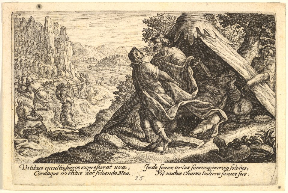 Drunkenness of Noah- Shem and Japheth cover the naked body of Noah, who lies in a tent, a male figure at far right points to Noah, from a series of engravings made for the first edition of the 'Liber Genesis' MET DP828364