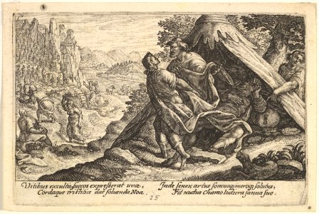 Drunkenness of Noah- Shem and Japheth cover the naked body of Noah, who lies in a tent, a male figure at far right points to Noah, from a series of engravings made for the first edition of the 'Liber Genesis' MET DP828364