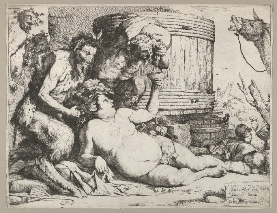 Drunken Silenus holding a cup aloft into which a Satyr pours wine MET DP836585
