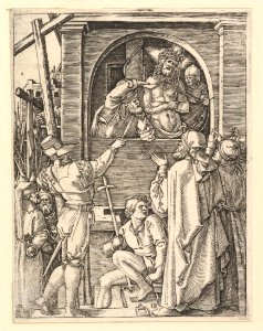 Ecce Homo- Christ wearing the crown of thorns standing in a loggia presented to a crowd, after Dürer MET DP820324