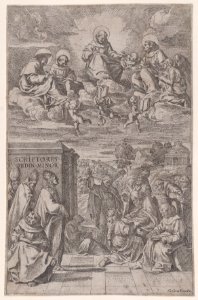 Ecclesiastics in a landscape writing, other in the heavenly realm above Met DP888764